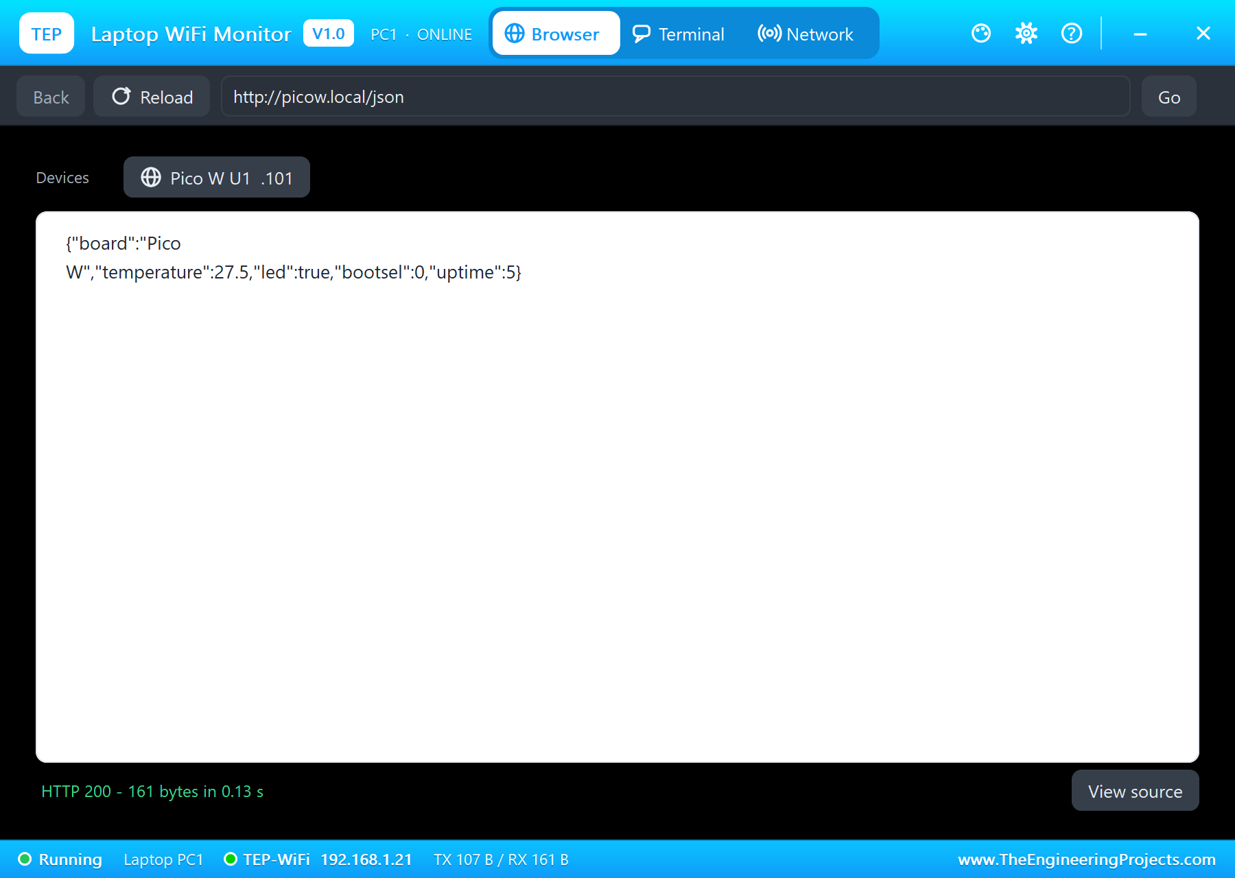 Laptop WiFi Monitor browser in Proteus: the Pico W JSON at picow.local