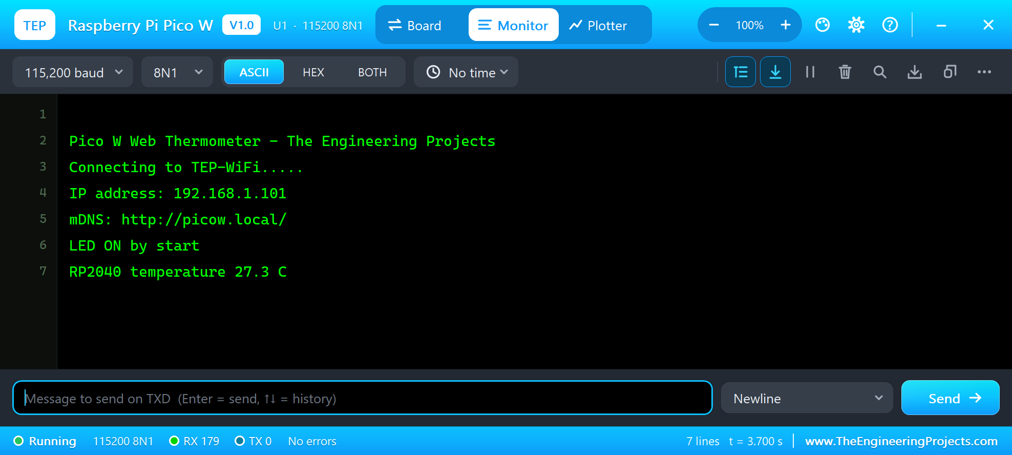 Raspberry Pi Pico W serial monitor in Proteus: the join, mDNS and the RP2040 temperature