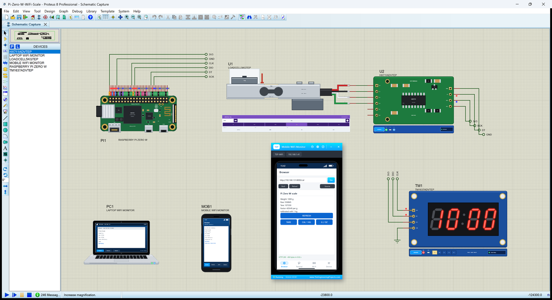 Raspberry Pi Zero W Library for Proteus: a Wi-Fi scale with an HX711, a load cell, a TM1637 and a phone page