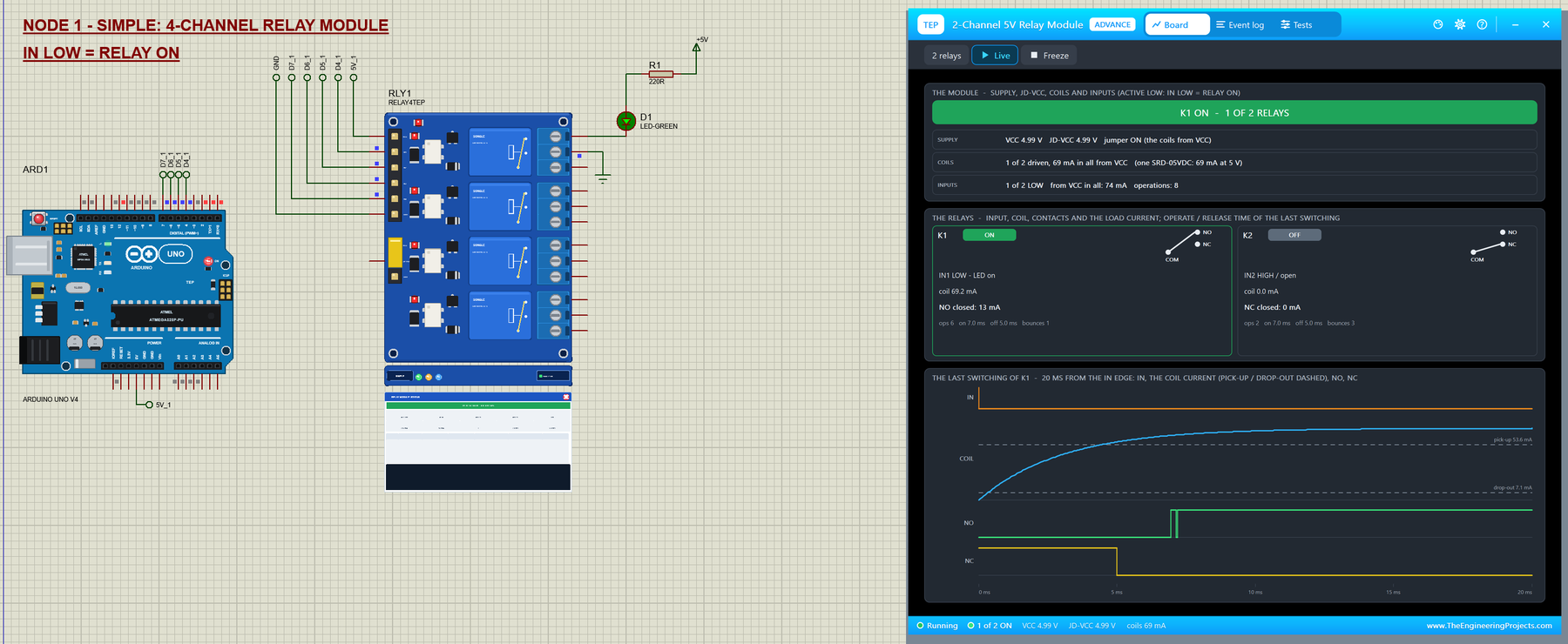 Relay Module Library for Proteus V1.0: an Arduino UNO V4.0 with a 4-channel 5V relay module, and the Advance pop-up with the switching of a relay