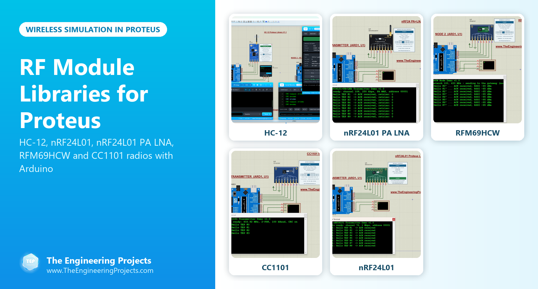 RF Module Libraries for Proteus: HC-12, nRF24L01, CC1101 and RFM69HCW simulation with Arduino