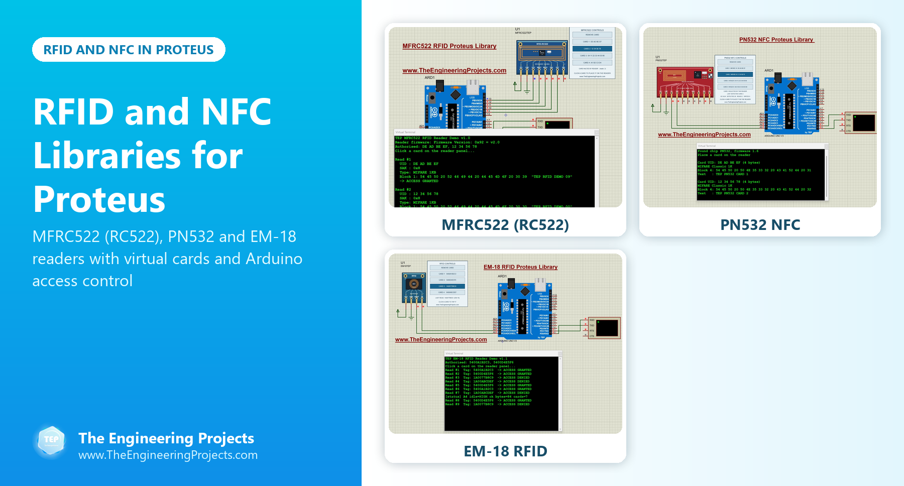 RFID and NFC Libraries for Proteus: MFRC522, PN532 and EM-18 reader simulation with Arduino