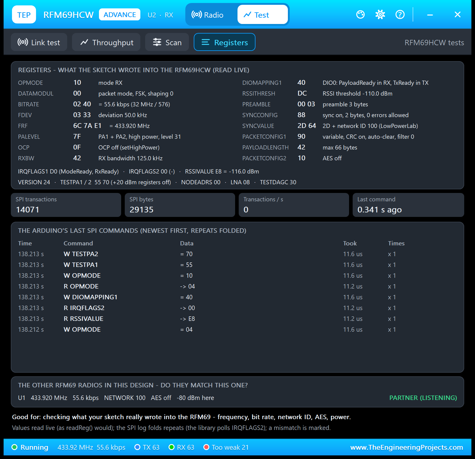 RFM69HCW registers read live in Proteus: BITRATE 02 40 = 55.6 kbps, FRF 6C 7A E1 = 433.920 MHz, SYNCVALUE 2D 64 for network 100, PALEVEL 7F, the last SPI commands and U1 as PARTNER (LISTENING)