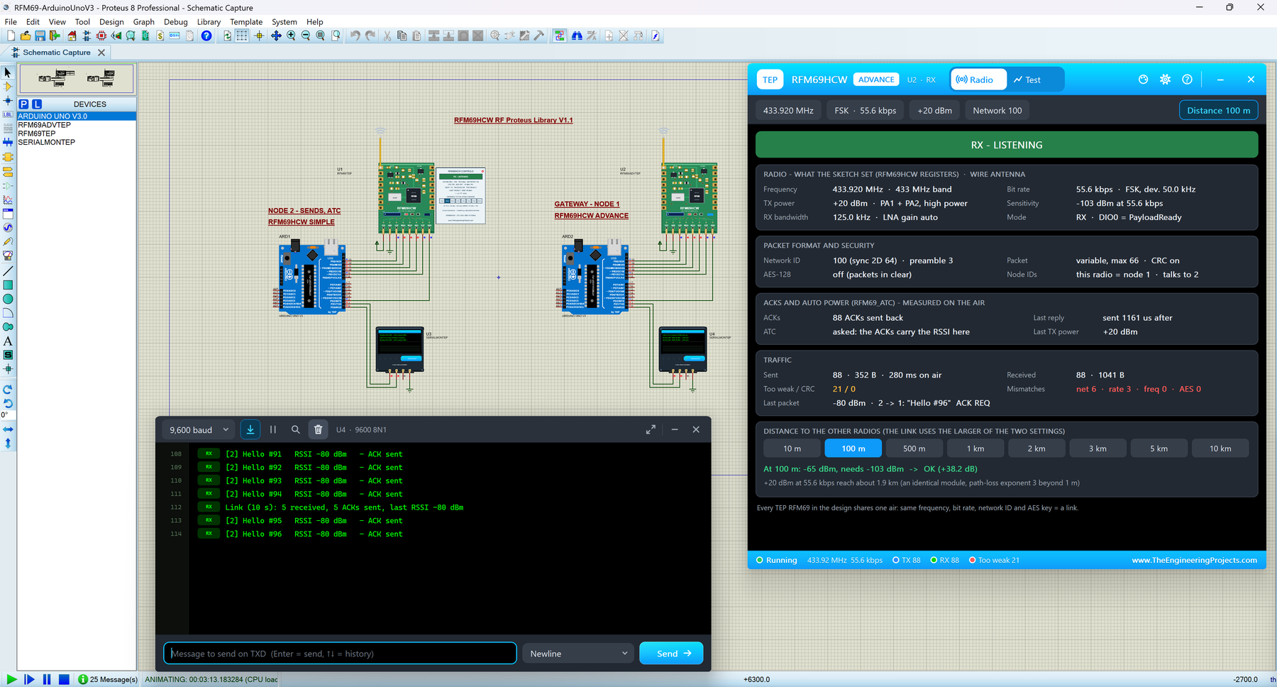 RFM69HCW Library for Proteus V1.1: two Arduino UNOs with green RFM69HCW modules, the RFM69HCW Advance pop-up with its Radio page and the TEP Serial Monitor in its Simple interface