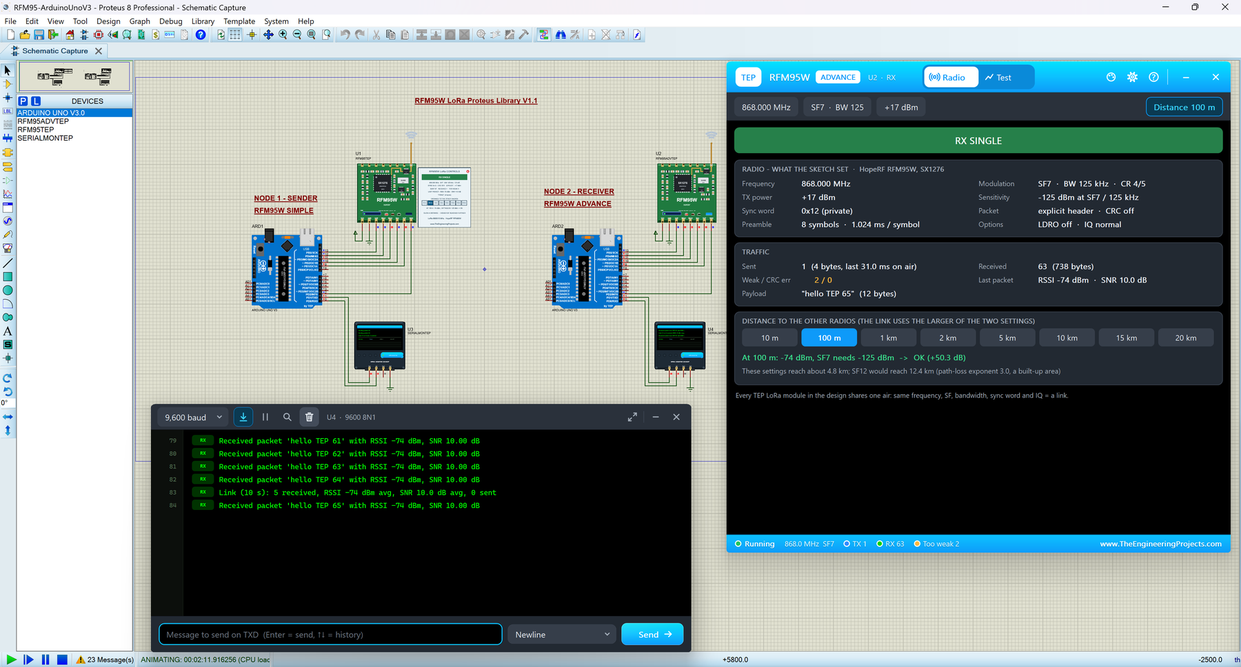 RFM95W LoRa Library for Proteus V1.1: two Arduino UNOs with green RFM95W boards, the RFM95W Advance pop-up with its Radio page and the TEP Serial Monitor in its Simple interface
