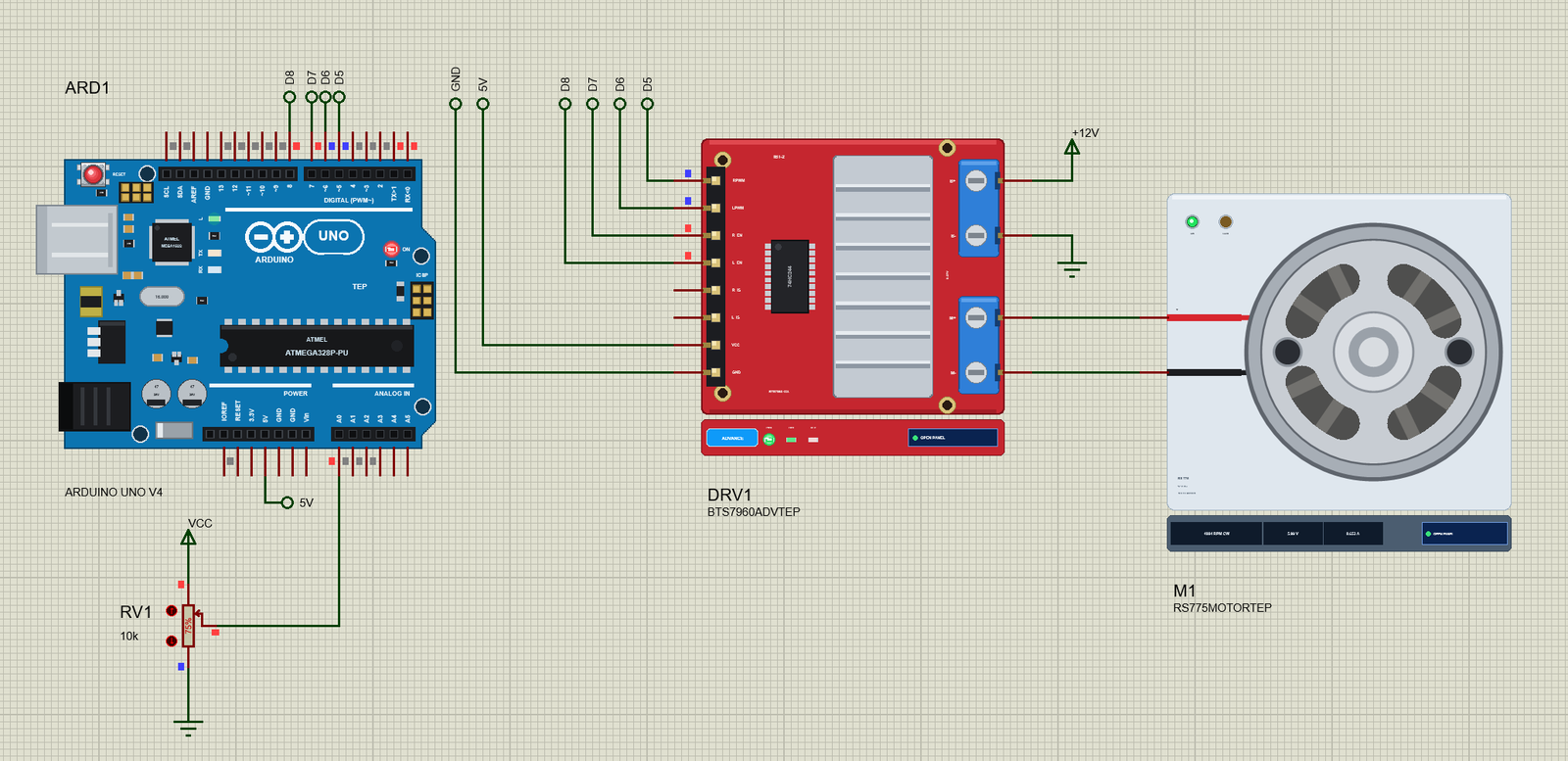 RS-775 DC Motor Library for Proteus: an Arduino UNO V4.0, the BTS7960 driver on 12 V and the RS-775 running forward