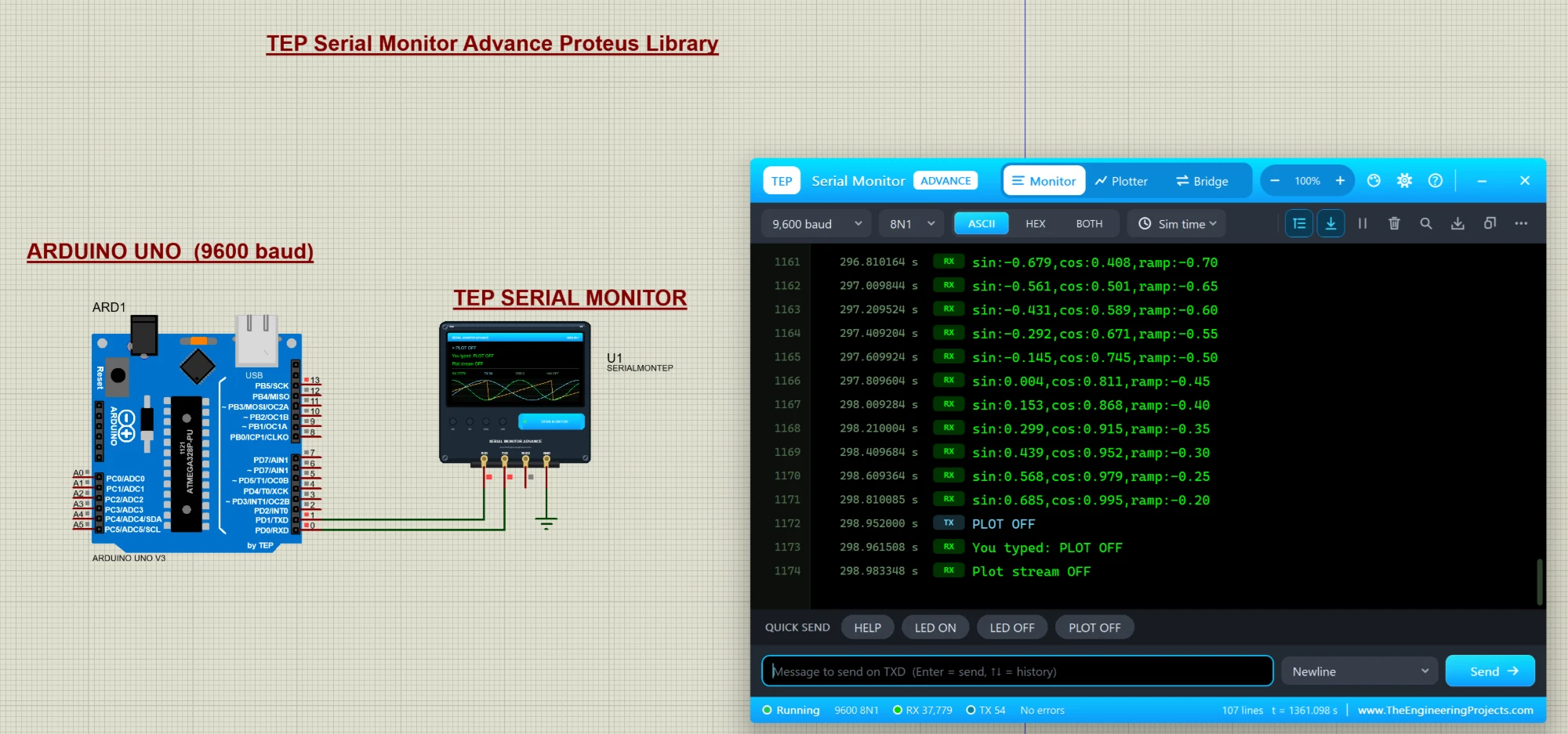 Serial Monitor Proteus Library: the TEP Serial Monitor Advance, an advance serial terminal in Proteus, open next to an Arduino UNO