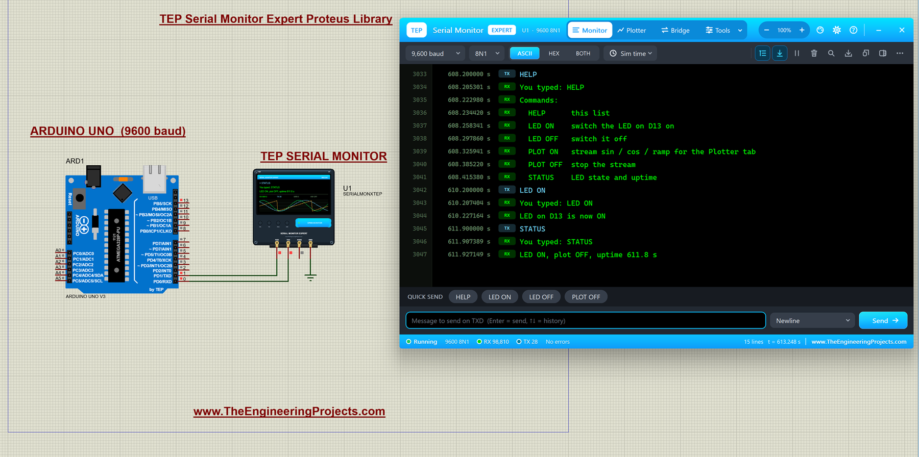 Serial Monitor Expert Proteus Library: the TEP Serial Monitor Expert with its Tools menu open next to an Arduino UNO in Proteus