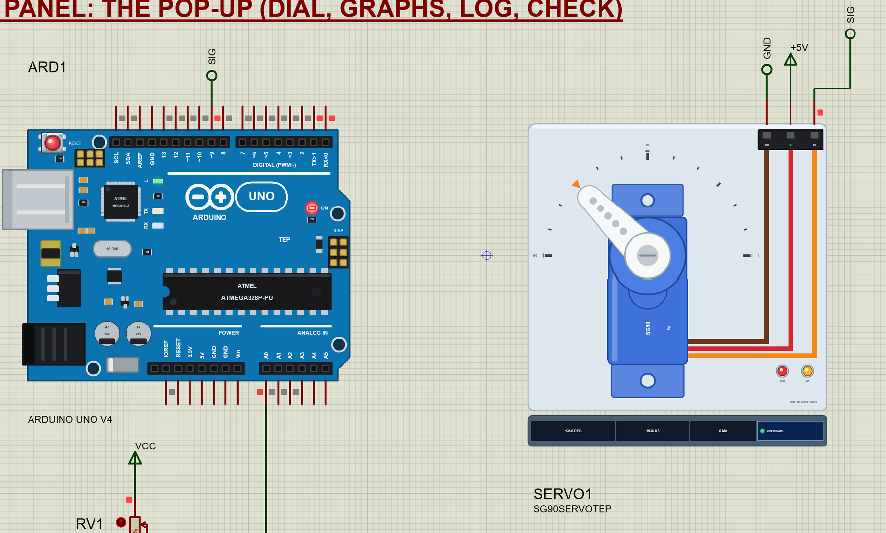 SG90 Servo Motor Library for Proteus: an Arduino UNO V4.0 driving the SG90 micro servo with its horn turned to 135 degrees