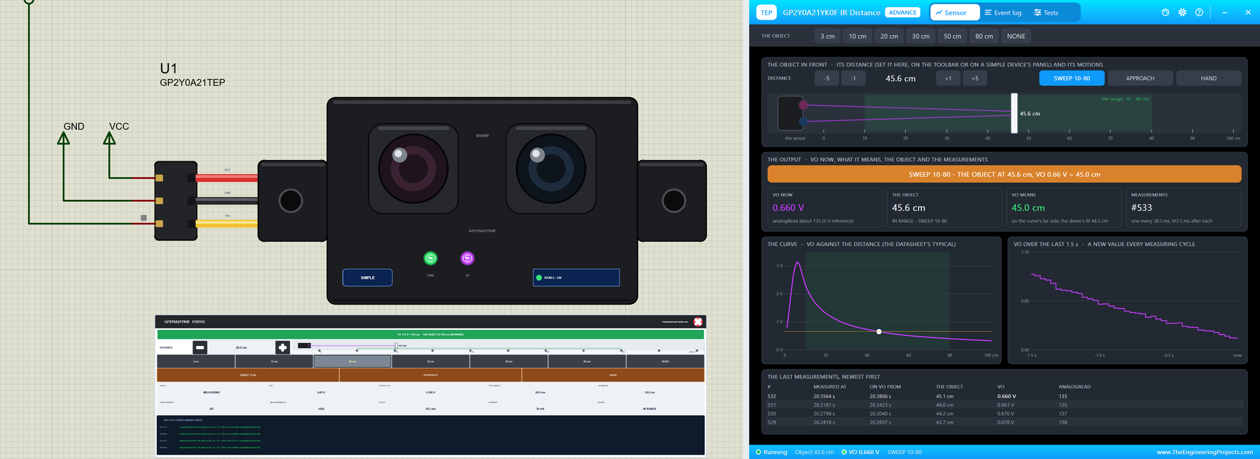 Sharp IR Distance Sensor Library for Proteus V1.0: the GP2Y0A21YK0F with its STATUS panel and the Advance pop-up
