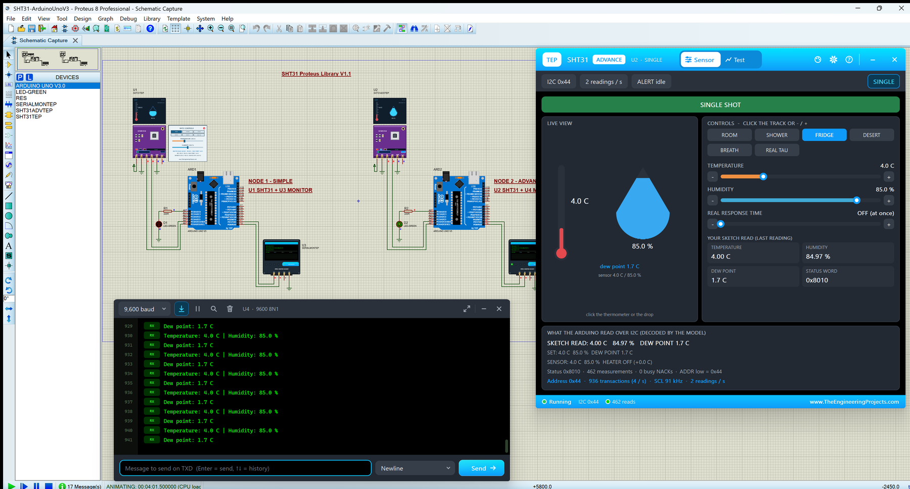 SHT31 Sensor Library for Proteus V1.1: two Arduino UNOs with purple GY-SHT31-D boards, the SHT31 Advance pop-up Sensor page at FRIDGE with 4.0 C, 85.0 % and a dew point of 1.7 C, and the TEP Serial Monitor in its Simple interface