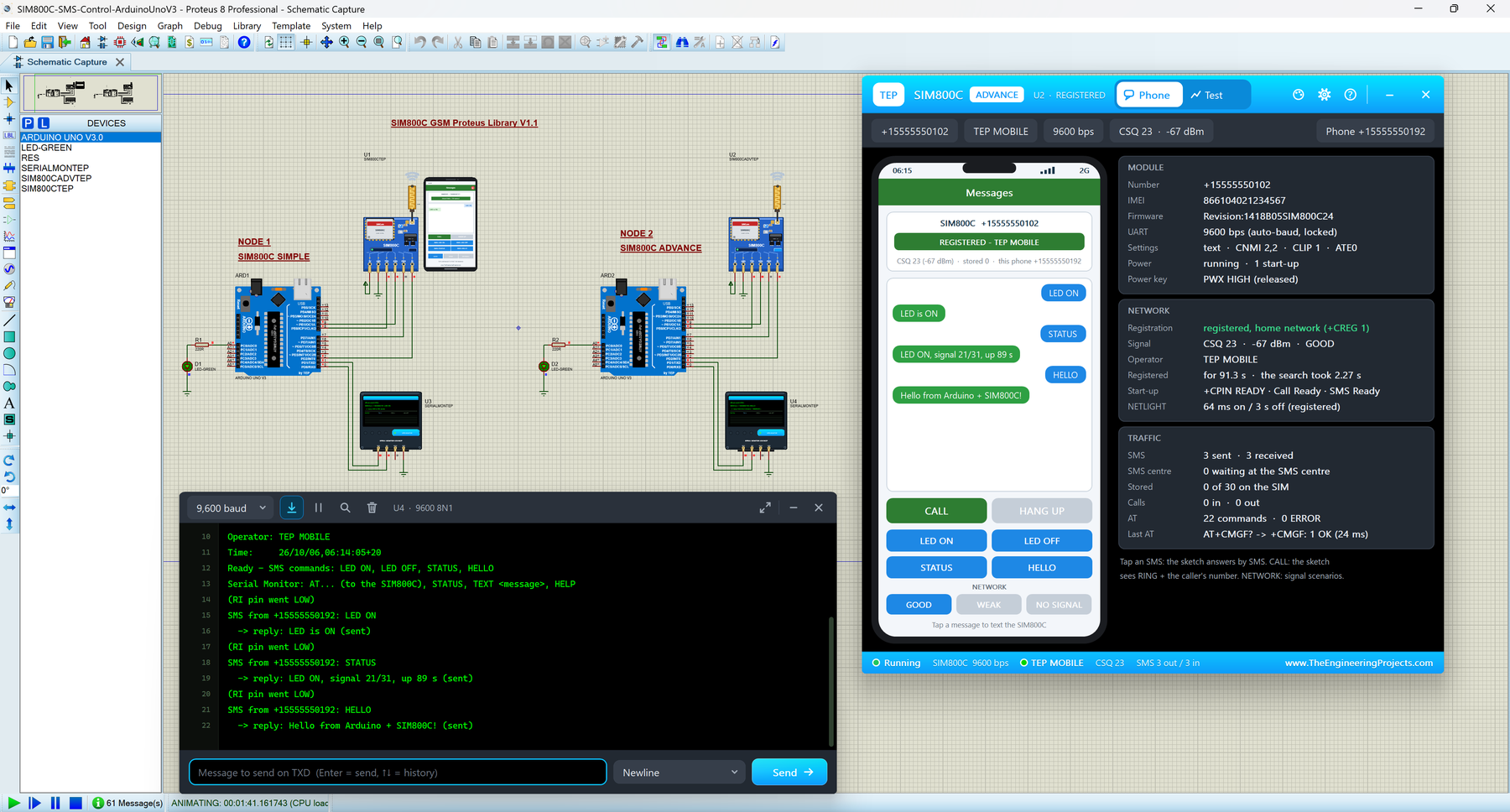 SIM800C Library for Proteus V1.1: two Arduino UNOs with HW-537 SIM800C boards, the SIM800C Advance pop-up with an SMS chat and the TEP Serial Monitor in its Simple interface