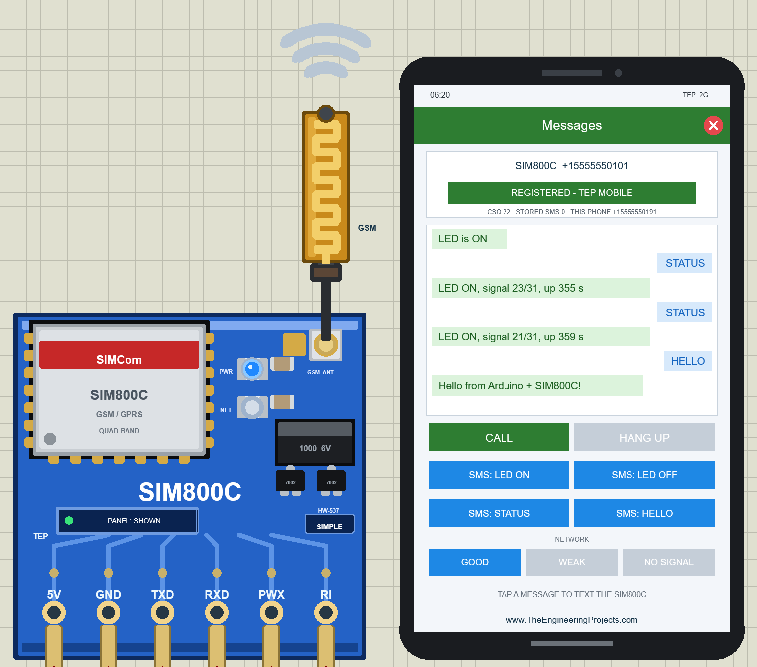 SIM800C Simple virtual phone in Proteus: REGISTERED - TEP MOBILE, STATUS replies with signal 23/31 and 21/31 and Hello from Arduino + SIM800C!