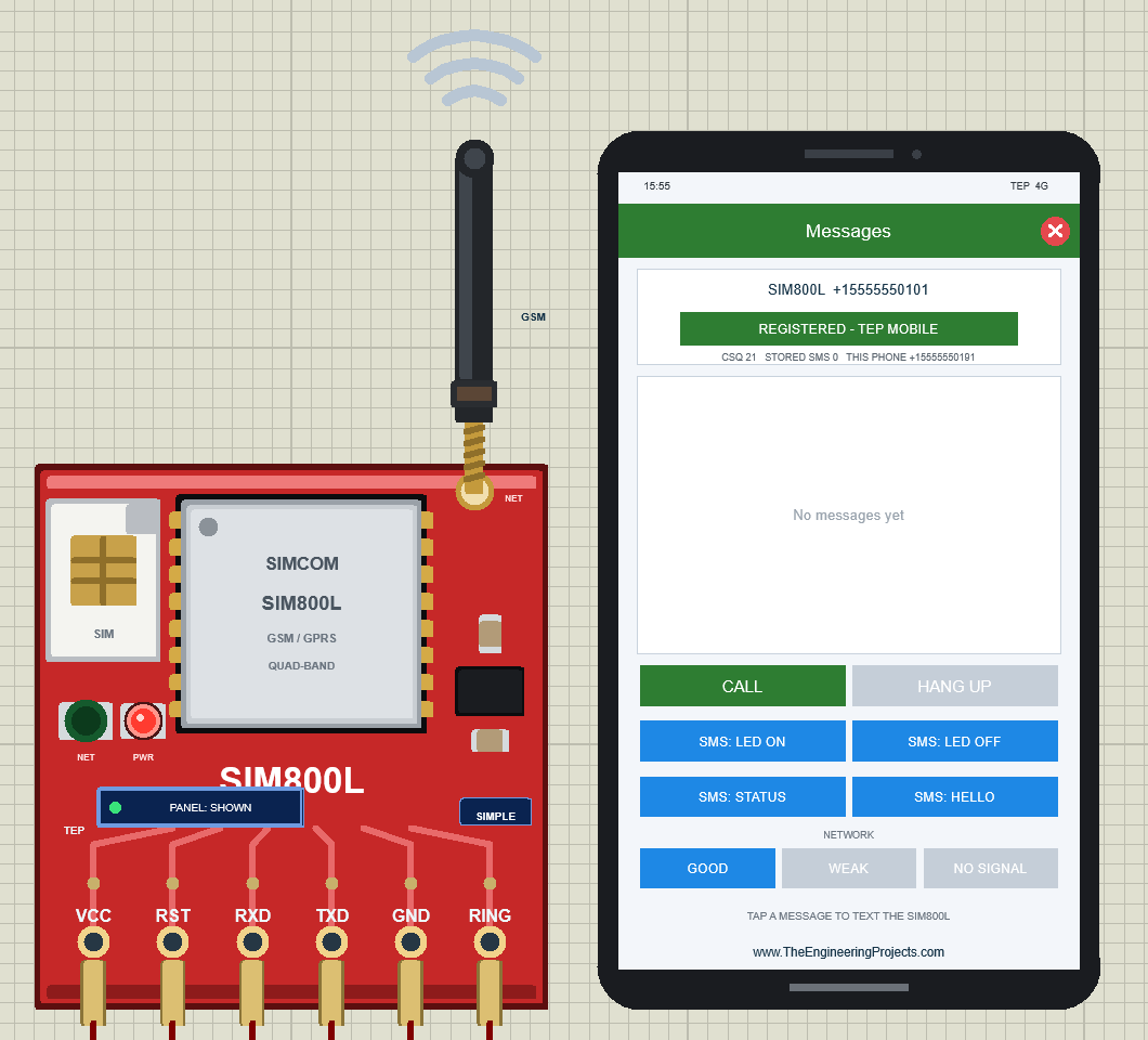 SIM800L Simple with its virtual phone in Proteus: REGISTERED - TEP MOBILE, CSQ 21, no messages yet