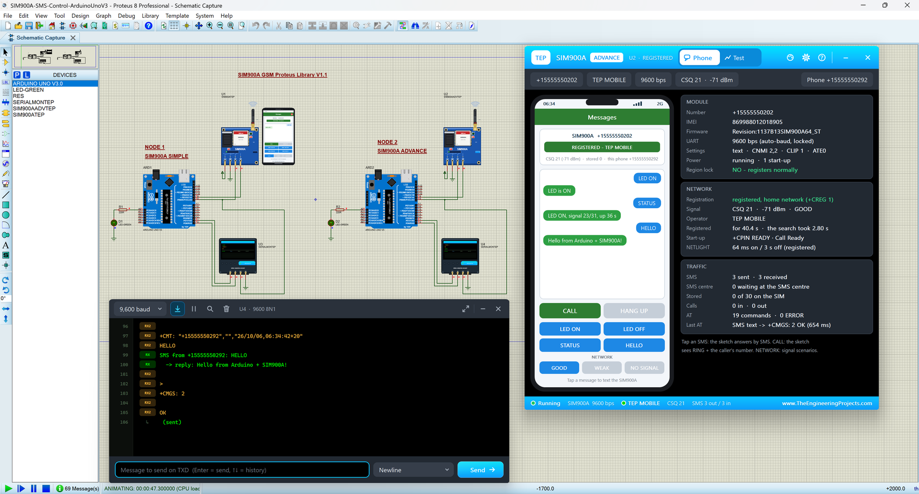 SIM900A Library for Proteus V1.1: two Arduino UNOs with SIM900A modules, the SIM900A Advance pop-up with an SMS chat and the TEP Serial Monitor in its Simple interface
