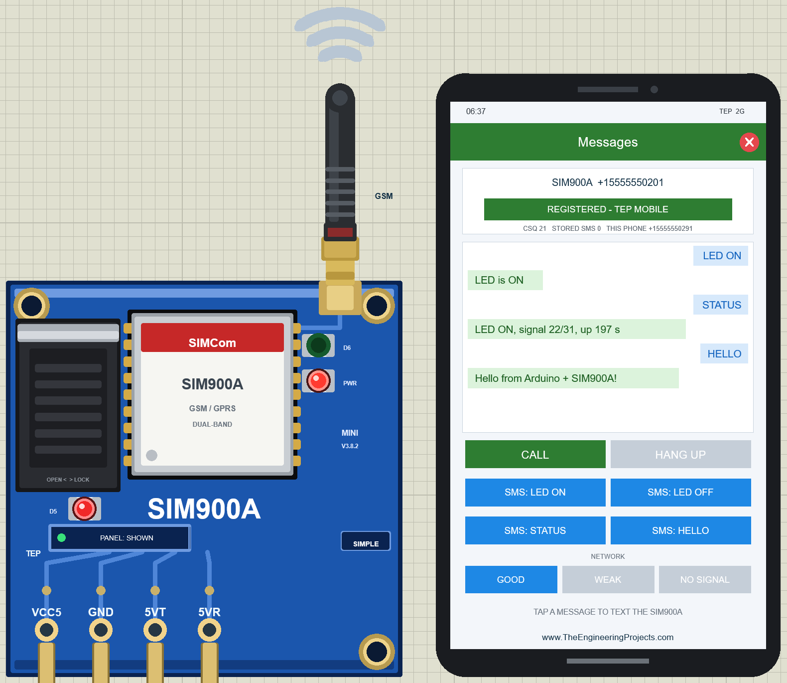 SIM900A Simple in Proteus with its virtual phone: REGISTERED - TEP MOBILE, and LED ON, STATUS and HELLO answered by the Arduino