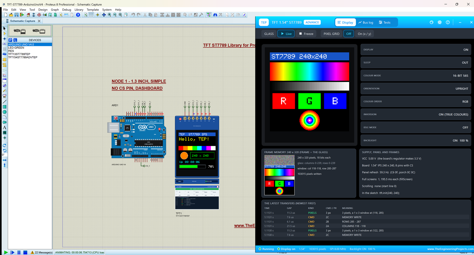 ST7789 TFT LCD Library for Proteus V1.0: an Arduino UNO V4.0 with the 1.3 inch ST7789 IPS TFT showing a dashboard and the Advance pop-up of the 1.54 inch board showing the colour test