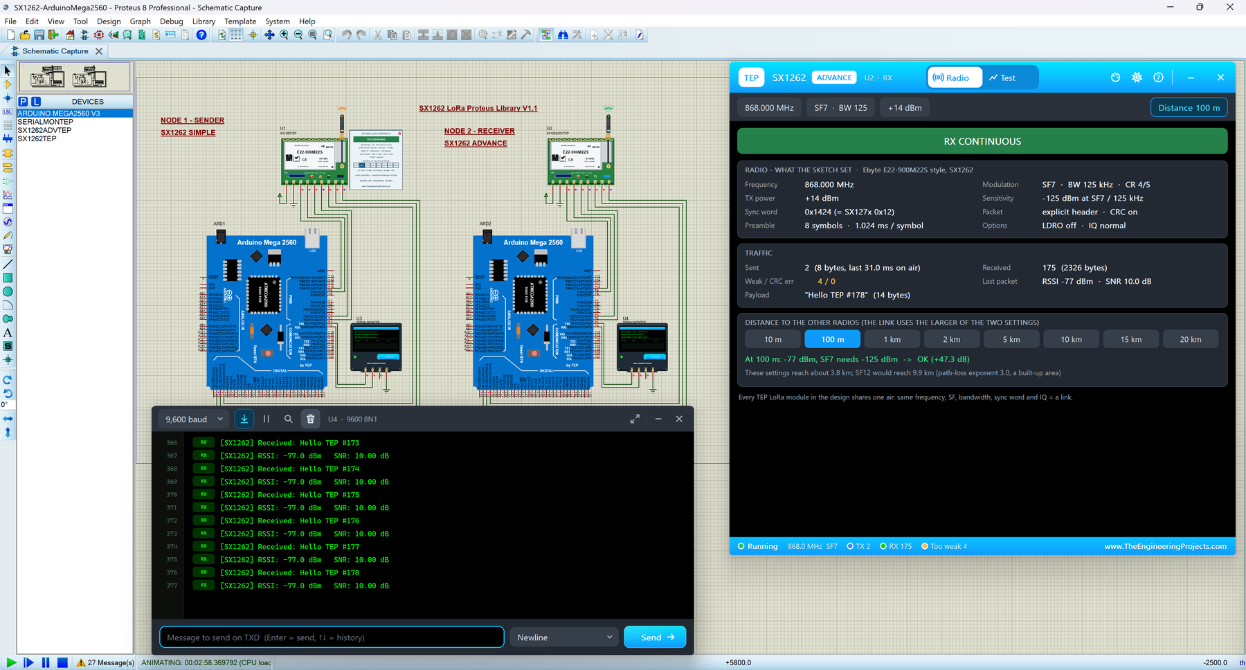 SX1262 LoRa Library for Proteus V1.1: two Arduino Mega 2560 boards with Ebyte E22-900M22S modules, the SX1262 Advance pop-up with its Radio page and the TEP Serial Monitor in its Simple interface