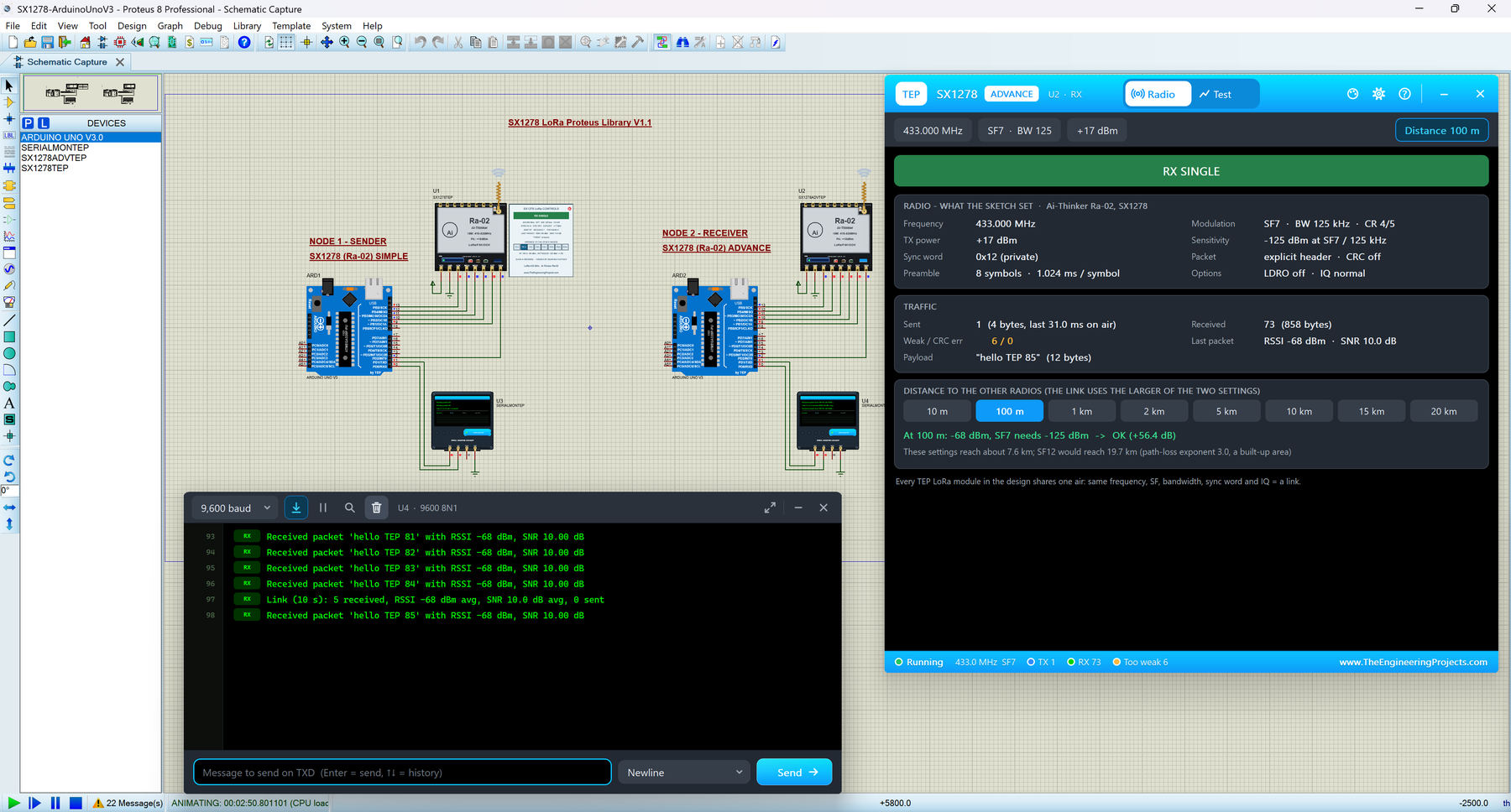 SX1278 LoRa Library for Proteus V1.1: two Arduino UNOs with black Ra-02 boards, the SX1278 Advance pop-up with its Radio page and the TEP Serial Monitor in its Simple interface