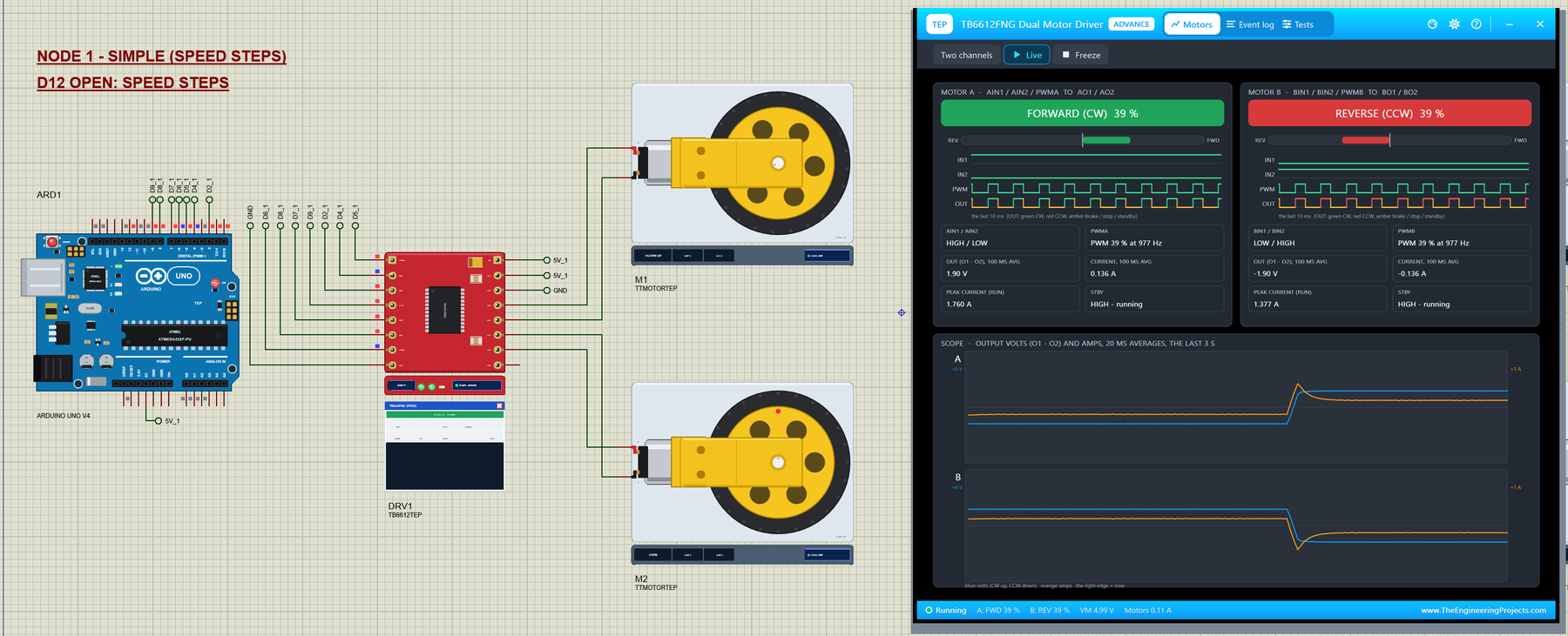 TB6612FNG Motor Driver Library for Proteus V1.0: an Arduino UNO V4.0 driving two TT gear motors through the TB6612FNG breakout, and the Advance pop-up showing both channels and the scope