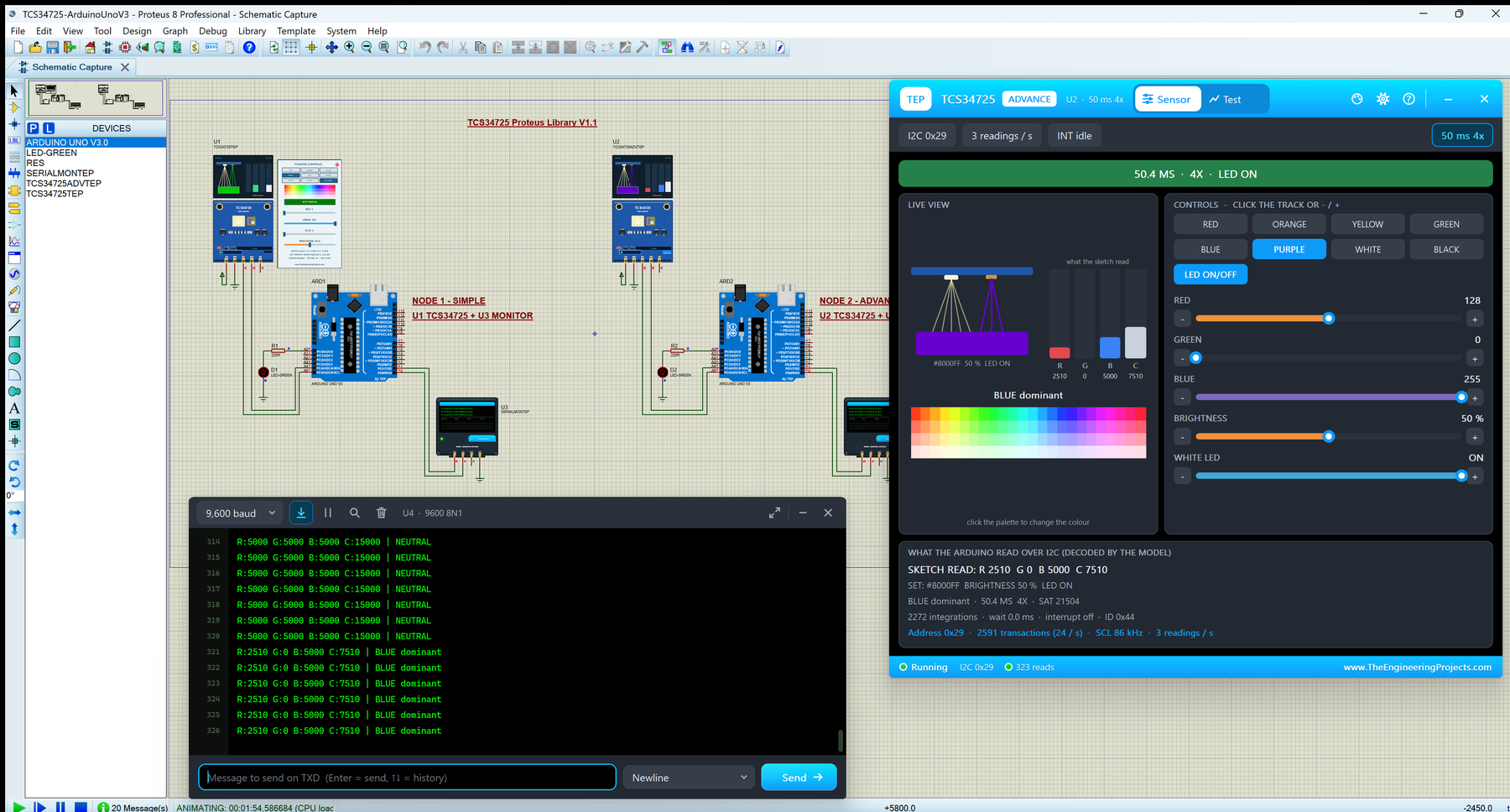 TCS34725 Sensor Library for Proteus V1.1: two Arduino UNOs with blue TCS34725 breakouts, the TCS34725 Advance pop-up Sensor page at purple #8000FF reading R 2510 G 0 B 5000 C 7510 and the TEP Serial Monitor in its Simple interface