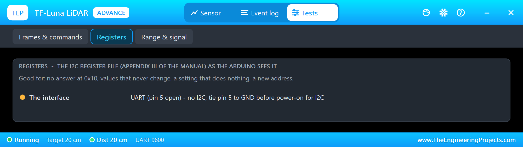 TF-Luna Registers test tool in Proteus on a module in UART mode