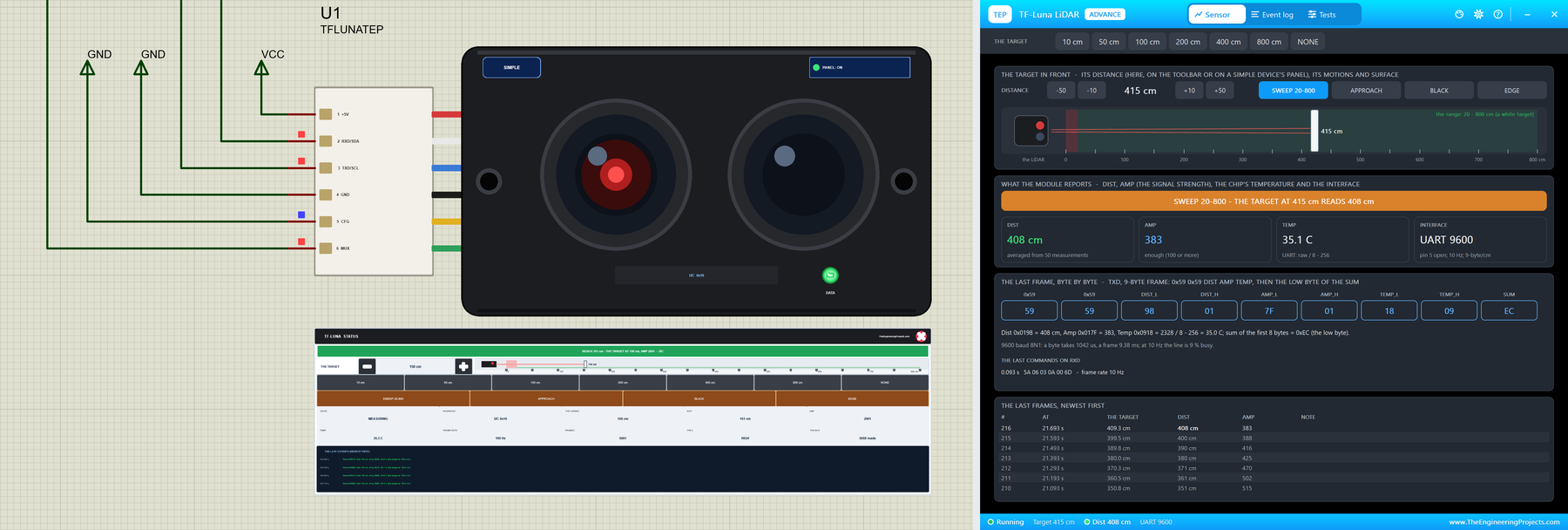 TF-Luna LiDAR Sensor Library for Proteus V1.0: the module with its STATUS panel and the Advance pop-up