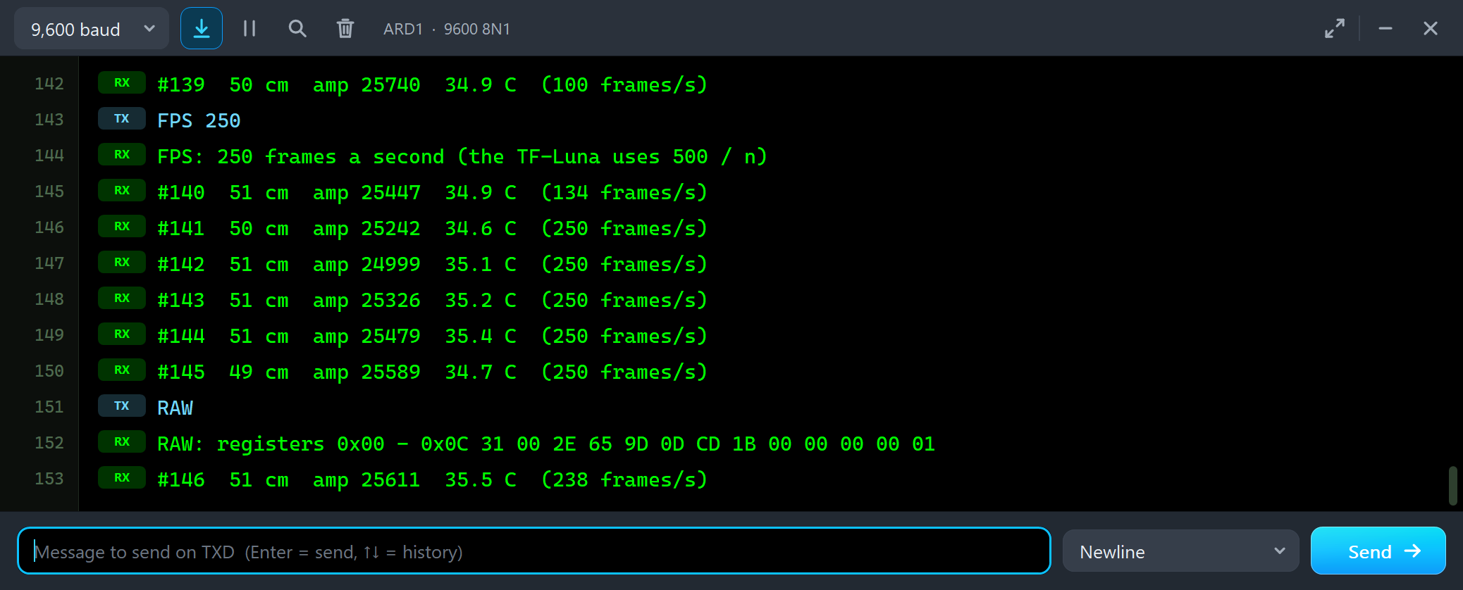 TF-Luna at 250 frames a second over I2C, and RAW with the registers