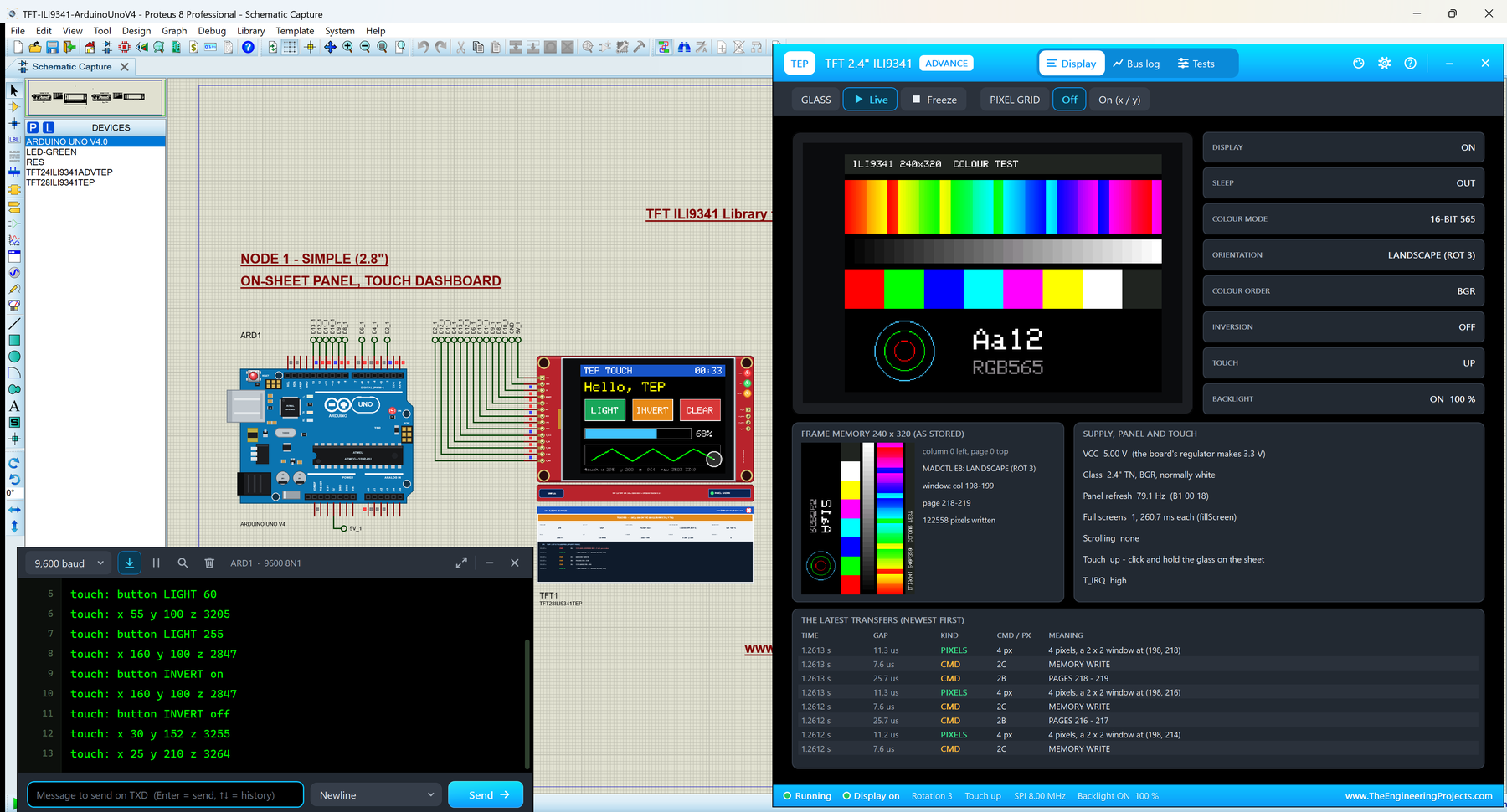 TFT ILI9341 Library for Proteus V1.0: an Arduino UNO V4.0 with the 2.8 inch TFT Simple showing a touch dashboard, the TFT Advance pop-up with the colour test, and the serial monitor printing the touches