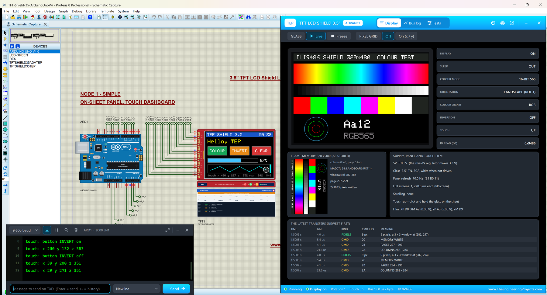 3.5" TFT LCD Shield Library for Proteus V1.0: an Arduino UNO V4.0 with the 3.5 inch ILI9486 TFT LCD shield showing a touch dashboard, the Advance pop-up with the colour test, and the serial monitor printing the touches