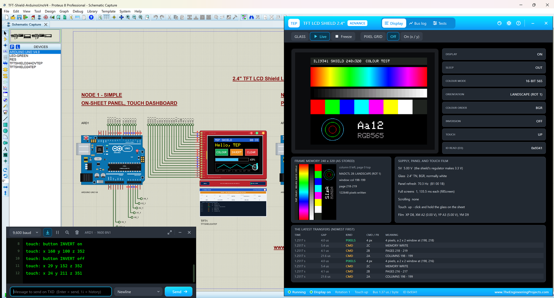 TFT LCD Shield Library for Proteus V1.0: an Arduino UNO V4.0 with the 2.4 inch TFT LCD shield showing a touch dashboard, the TFT Shield Advance pop-up with the colour test, and the serial monitor printing the touches