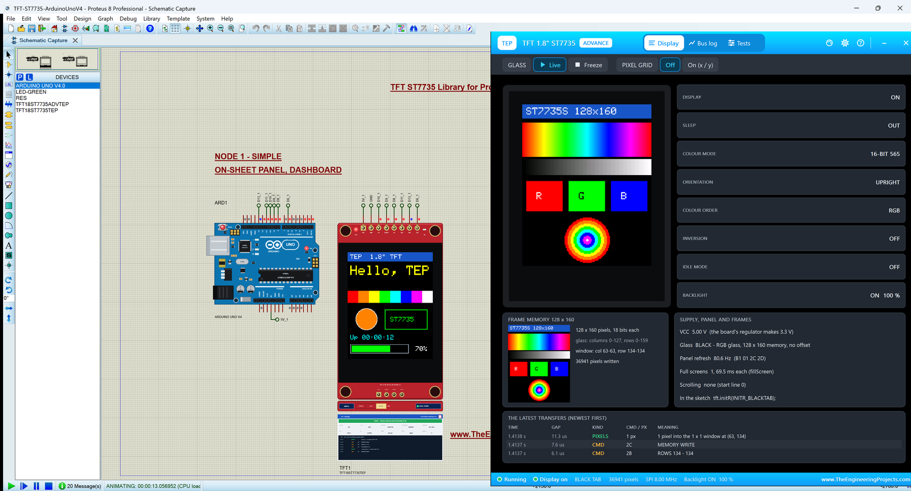 TFT ST7735 Library for Proteus V1.0: an Arduino UNO V4.0 with the 1.8 inch TFT Simple showing a colour dashboard, and the TFT Advance pop-up Display page with the colour test