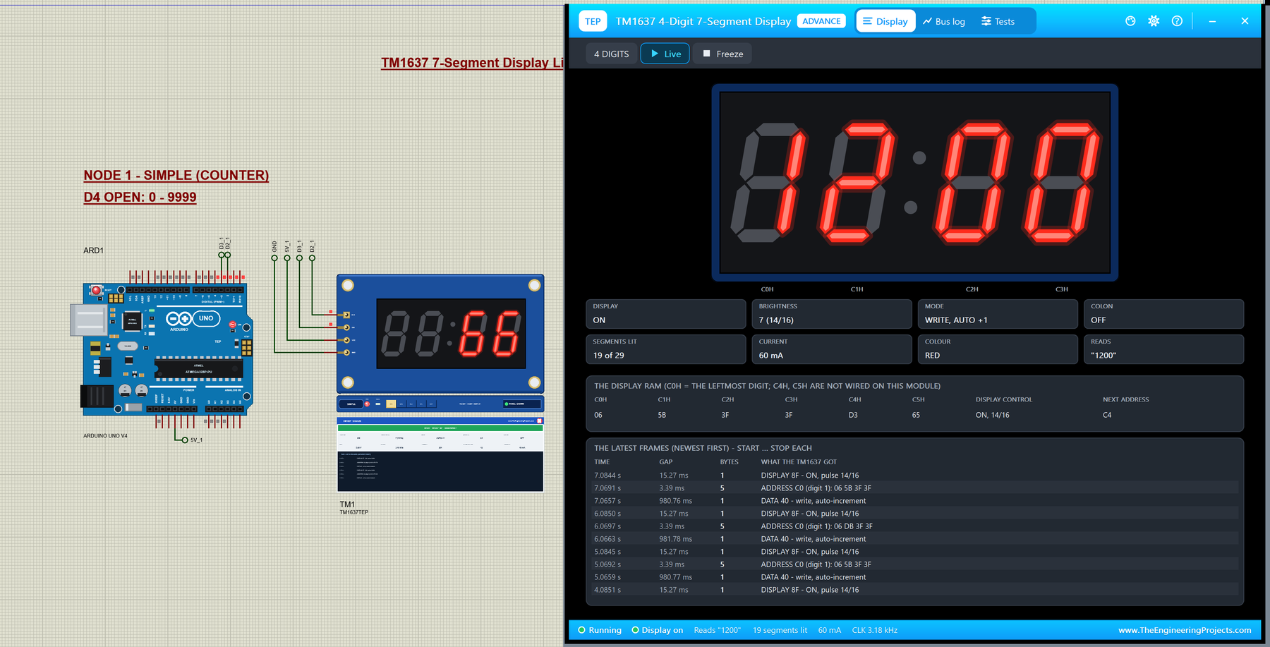 TM1637 7-Segment Display Library for Proteus V1.0: an Arduino UNO V4.0 with the 4-digit TM1637 module counting, and the Advance pop-up showing the clock with its display RAM and frames