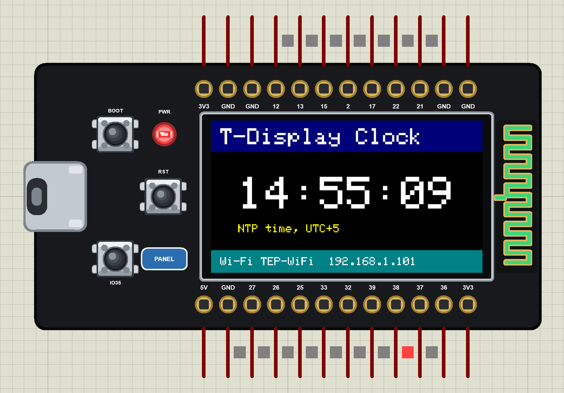 TTGO T-Display ESP32 Library for Proteus: the board with its 1.14 inch display showing a Wi-Fi clock