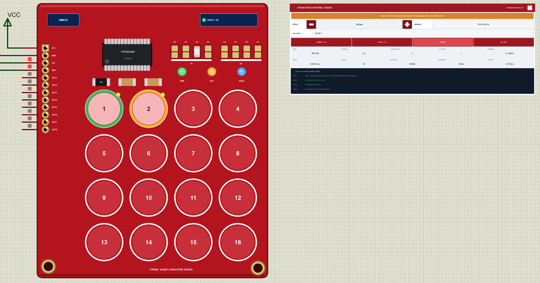 TTP229 Touch Keypad Library for Proteus V1.0: the 16-key capacitive touch keypad with its STATUS panel