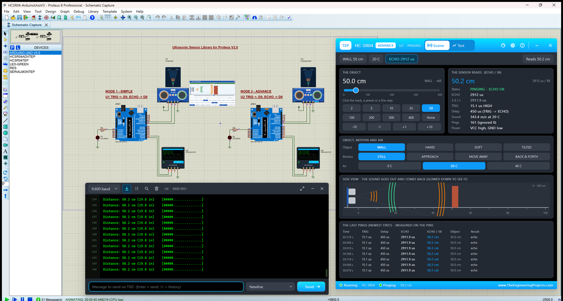 Ultrasonic Sensor Library for Proteus V2.0: two Arduino UNOs with blue HC-SR04 boards, the HC-SR04 Advance pop-up Scene page reading 50.2 cm for a wall at 50.0 cm and the TEP Serial Monitor in its Simple interface