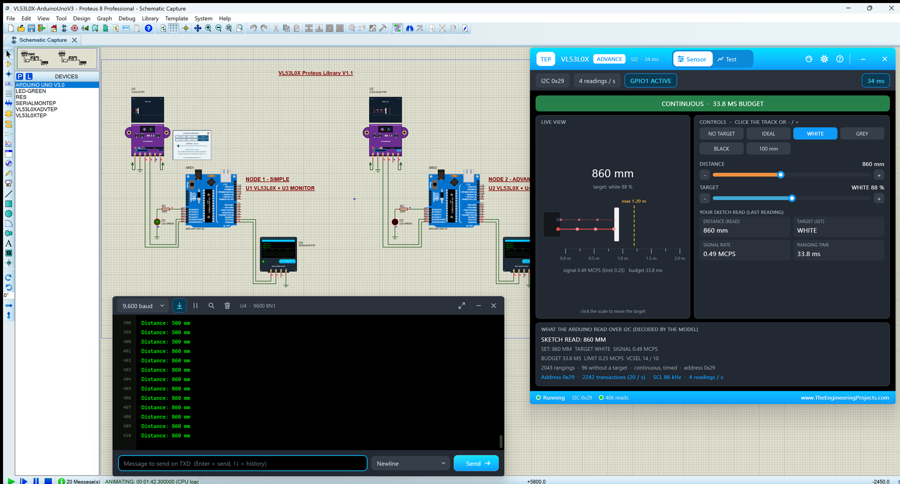 VL53L0X Sensor Library for Proteus V1.1: two Arduino UNOs with purple GY-VL53L0XV2 boards, the VL53L0X Advance pop-up Sensor page with a white target at 860 mm and the TEP Serial Monitor in its Simple interface