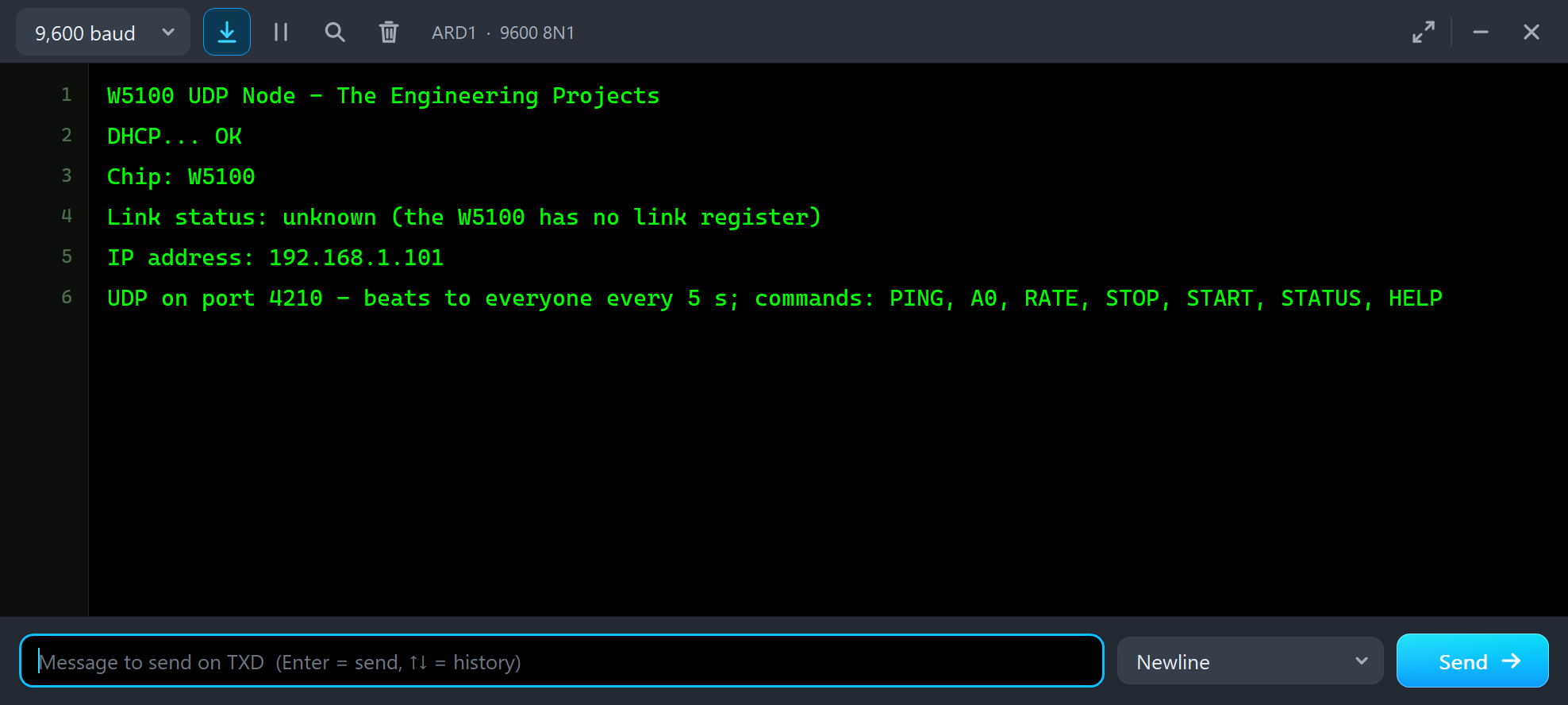 Arduino UNO serial monitor in Proteus: DHCP, Chip W5100, link status unknown and the UDP port