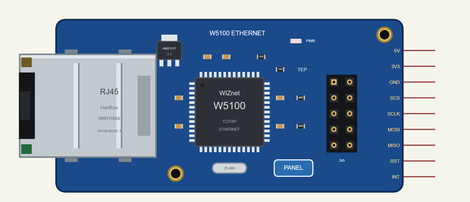 W5100 Ethernet Module in Proteus: the RJ45 jack, the W5100, the regulator, the PWR LED and the 2x5 header
