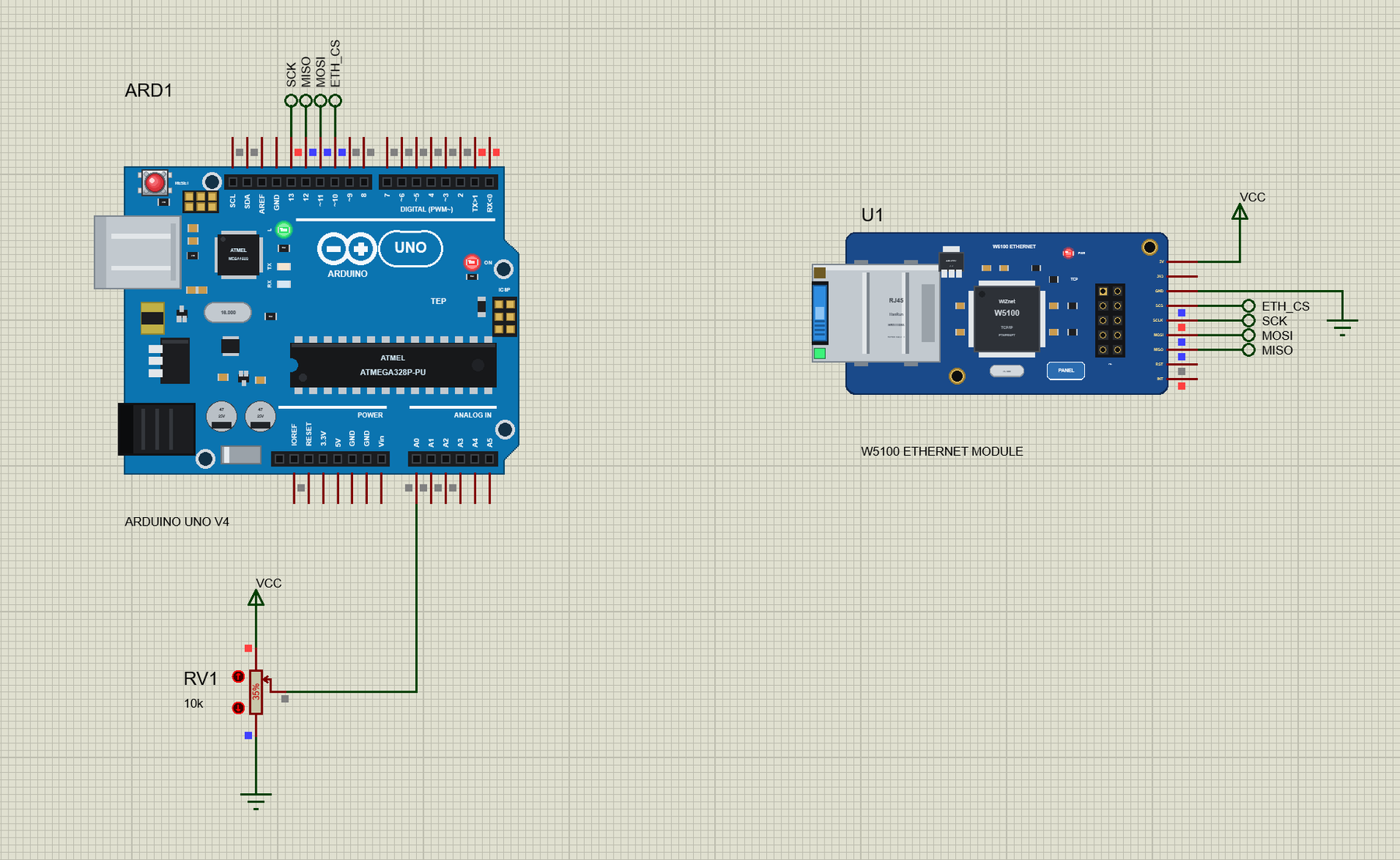 W5100 Ethernet Module circuit in Proteus: the UNO, the pot and the module joined by SPI and CS labels