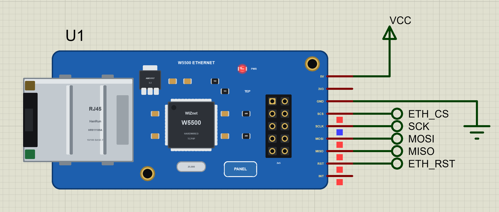 W5500 Ethernet Module in Proteus with the cable out: only PWR lit