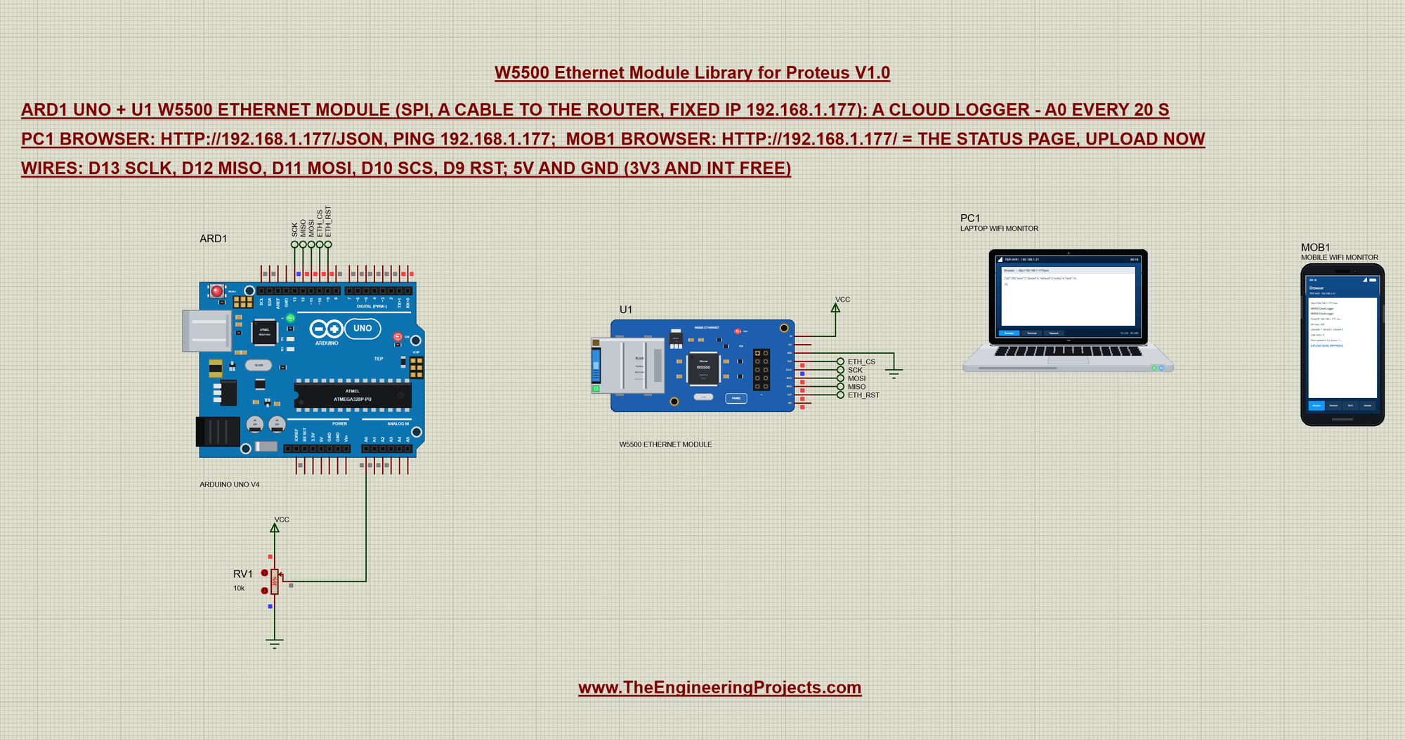 W5500 Ethernet Module Proteus simulation: a cloud logger with an Arduino UNO, the Laptop WiFi Monitor and the Mobile WiFi Monitor