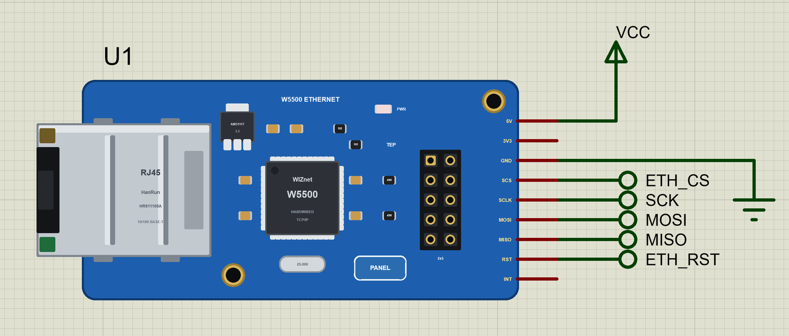 W5500 Ethernet Module in Proteus before Run: the LEDs off, no cable