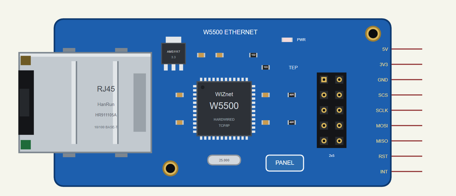 W5500 Ethernet Module in Proteus: the RJ45 jack, the W5500, the regulator, the PWR LED and the 2x5 header