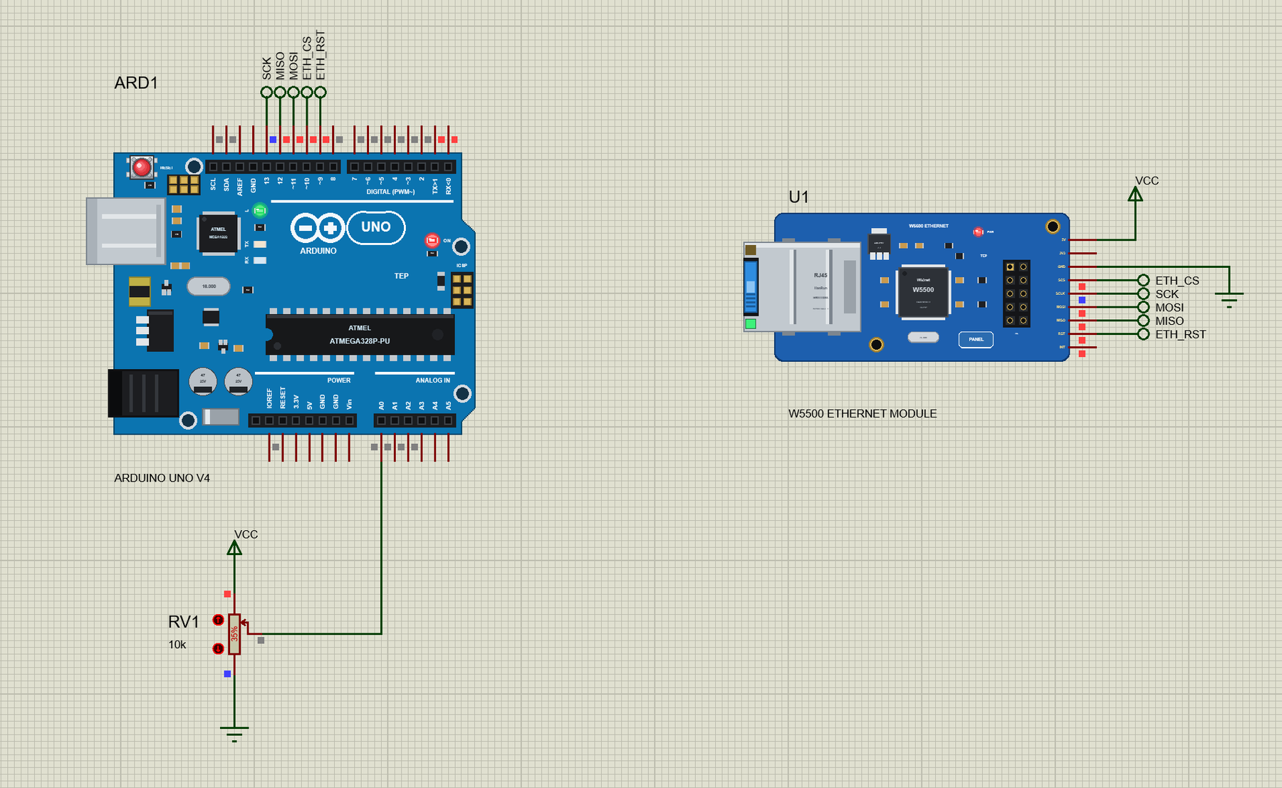 W5500 Ethernet Module circuit in Proteus: the UNO, the pot and the module joined by SPI, CS and RST labels