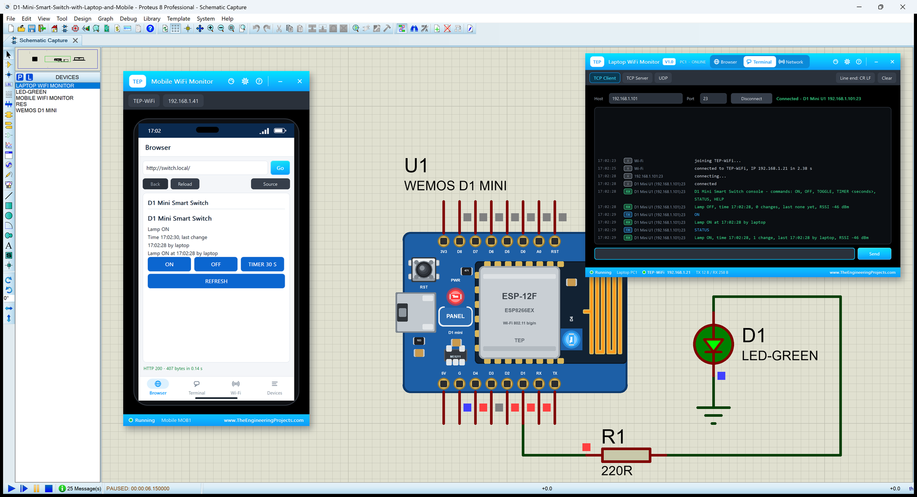 WeMos D1 Mini Library for Proteus: the D1 Mini smart switch with the phone and the laptop