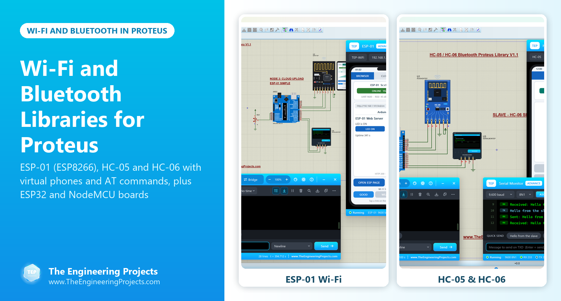 Wi-Fi and Bluetooth Libraries for Proteus: ESP-01, HC-05, HC-06, ESP32 and NodeMCU simulation