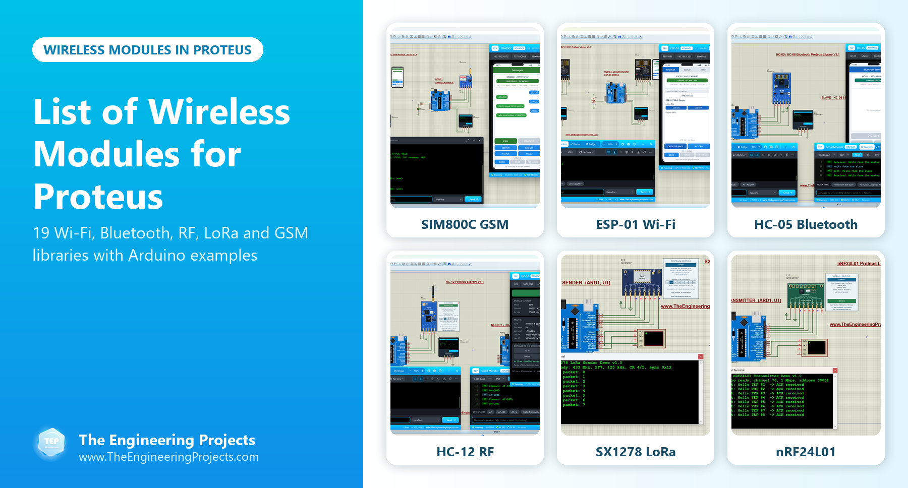 List of Wireless Modules for Proteus: Wi-Fi, Bluetooth, RF, LoRa and GSM libraries