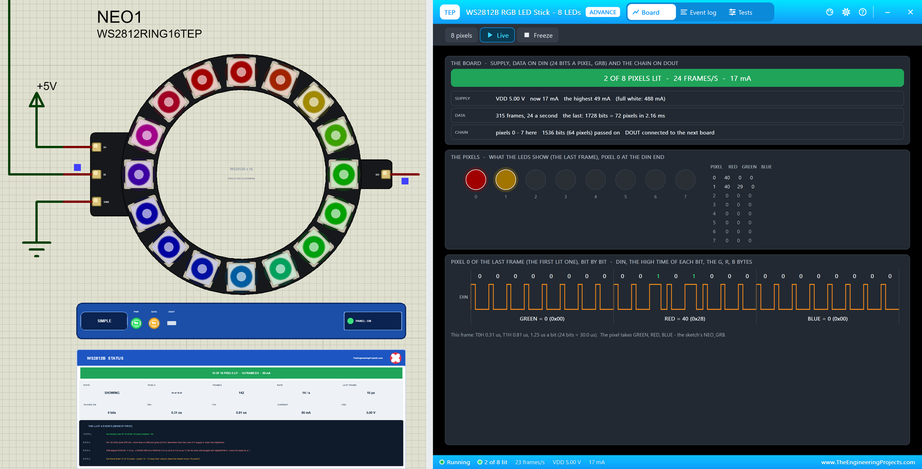 WS2812B NeoPixel Library for Proteus V1.0: a 16-LED WS2812B ring with its STATUS panel and the Advance pop-up of a stick of 8