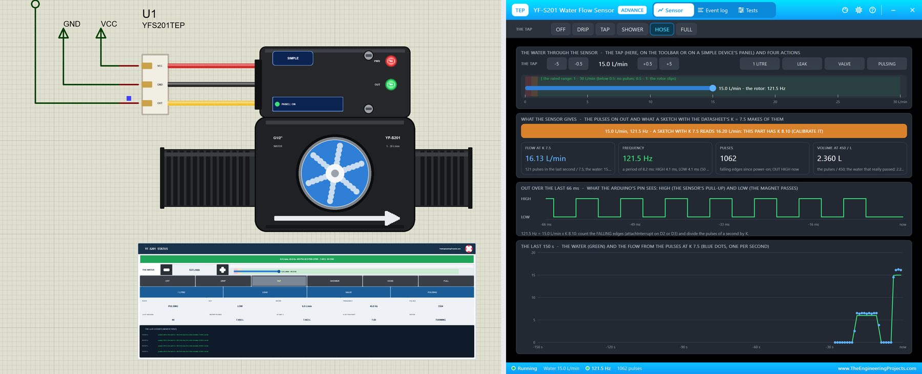 YF-S201 Water Flow Sensor Library for Proteus V1.0: the sensor with its STATUS panel and the Advance pop-up